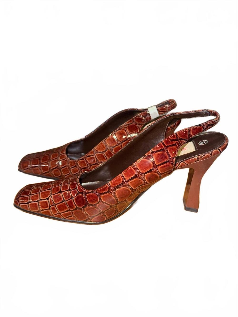 Women's Wild Rose Brown Crocodile Skin Slingback Mini Heels Size 7.5 New In Box
